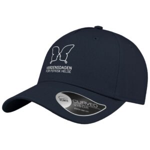 Marineblå caps med logo for Verdensdagen for psykisk helse – klassisk profilcaps med buet brem.