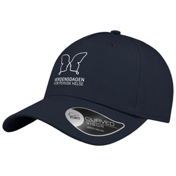 Marineblå caps med logo for Verdensdagen for psykisk helse – klassisk profilcaps med buet brem.